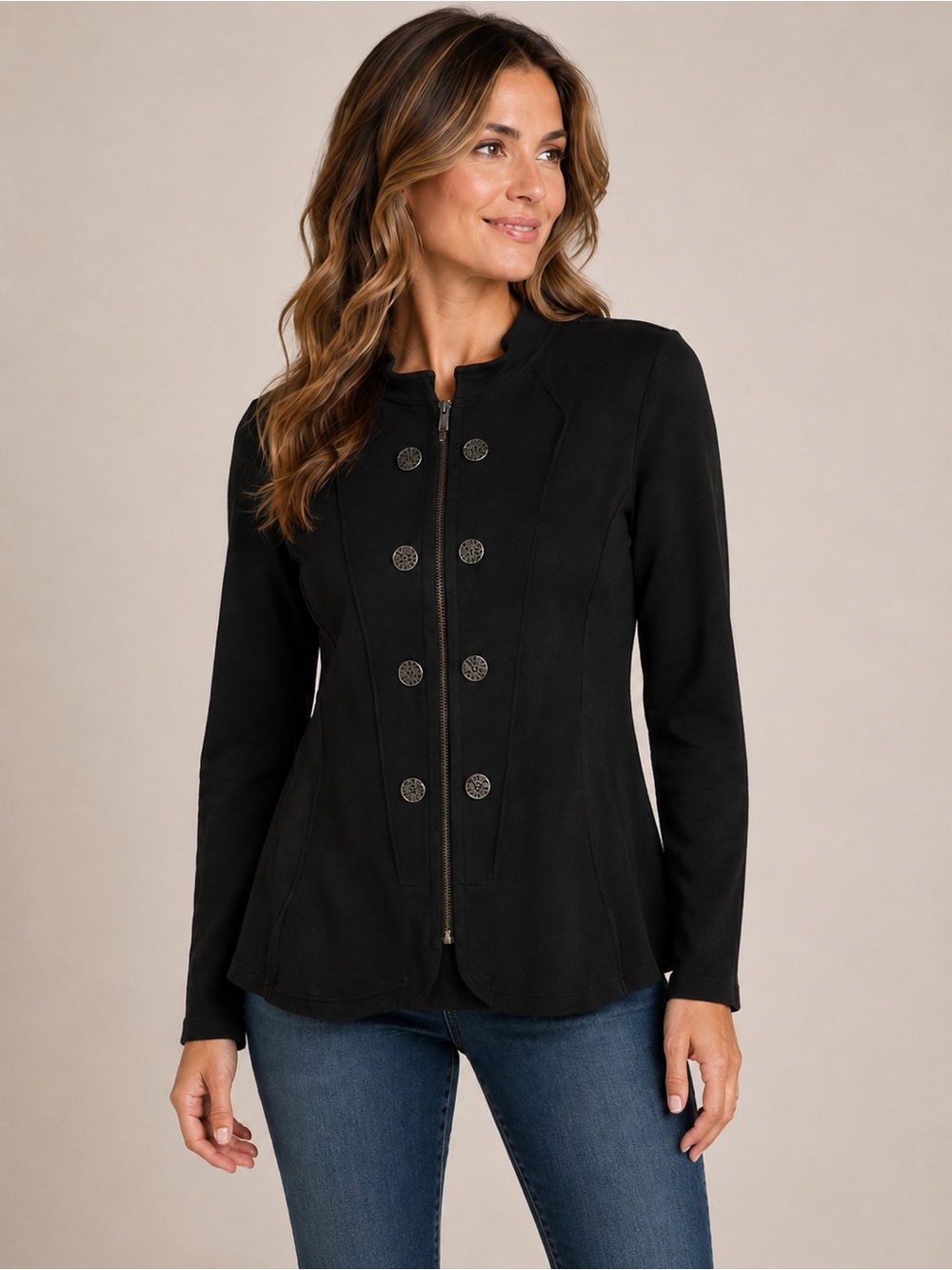 Lulu B. Black Cotton Military Knit Zip-Up Jacket  - Size Small